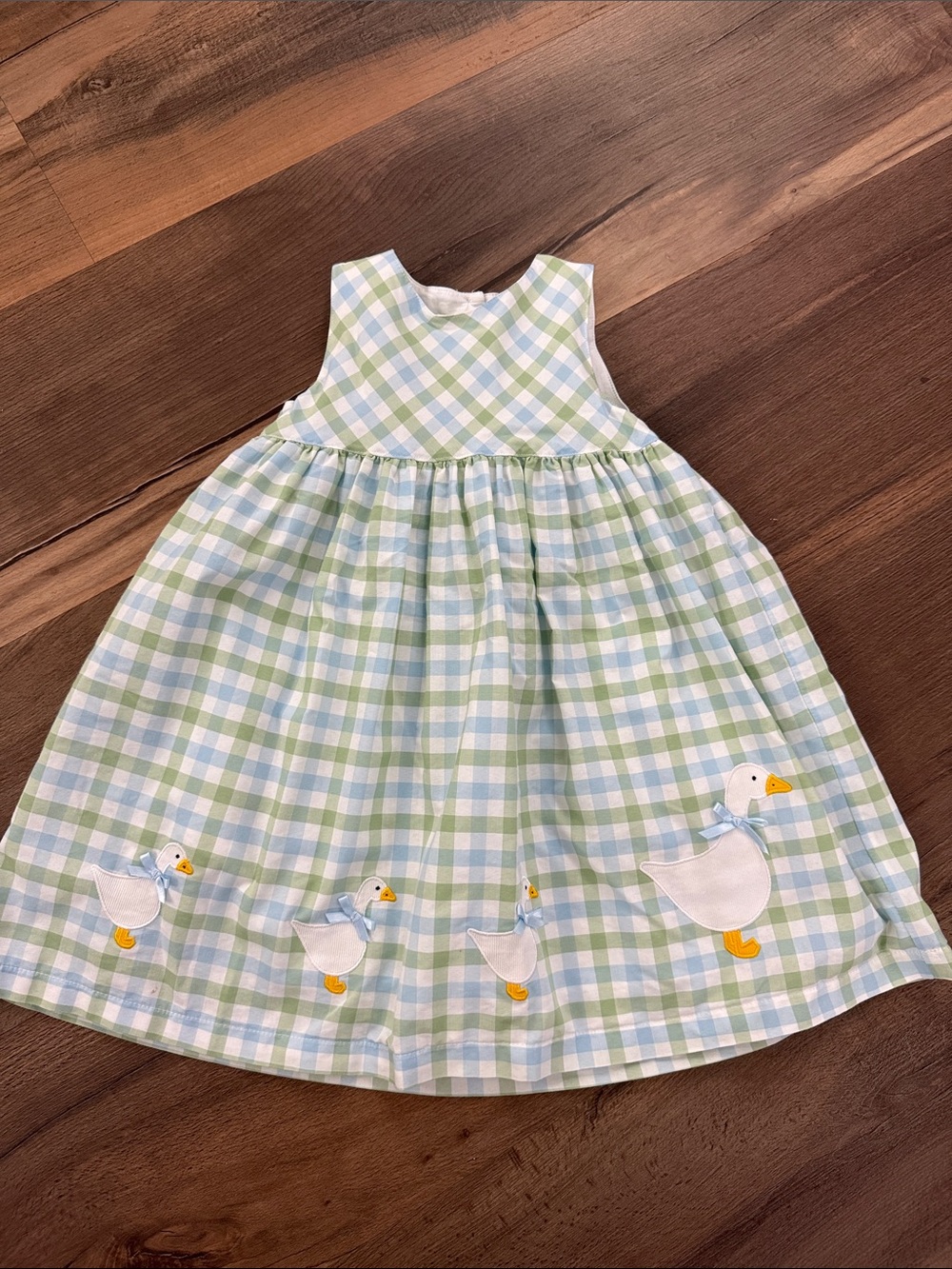 Trotters Light Green and Light Blue Gingham Duck Appliqué Dress size 3